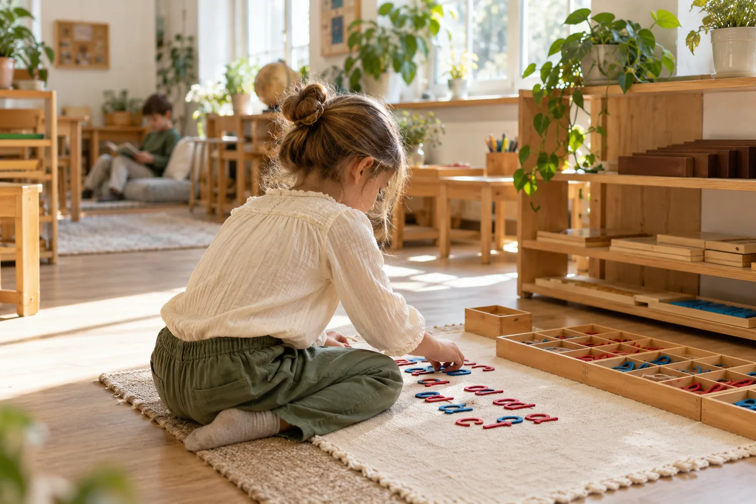 Wizualizacja AI: dziecko pracuje z ruchomym alfabetem